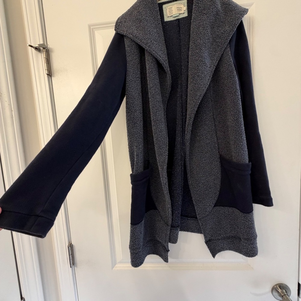 Saturday Sunday Anthropologie Mixed Media Boucle Open Cardigan Navy Grey Small - Picture 3 of 9